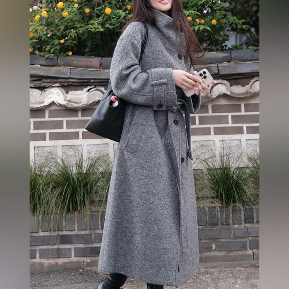 LOEUVRE Belted High Neck Long Coat Melange Gray size 2 Medium NWOT